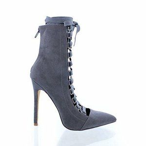 Liliana Gisele-61 Grey Lace Up Ankle Booties Size 6 NIB Stiletto Pointed Toe